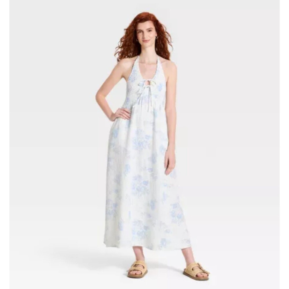 Women's Universal Thread Floral Pattern Maxi Halter Dress Cream Blue 1X